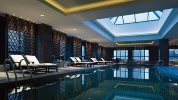 Indoor pool, outdoor pool, pool loungers
