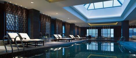 Indoor pool, outdoor pool, pool loungers