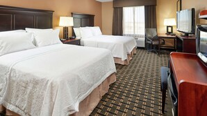 A hotel room with two beds, a desk with a television, and a chair.