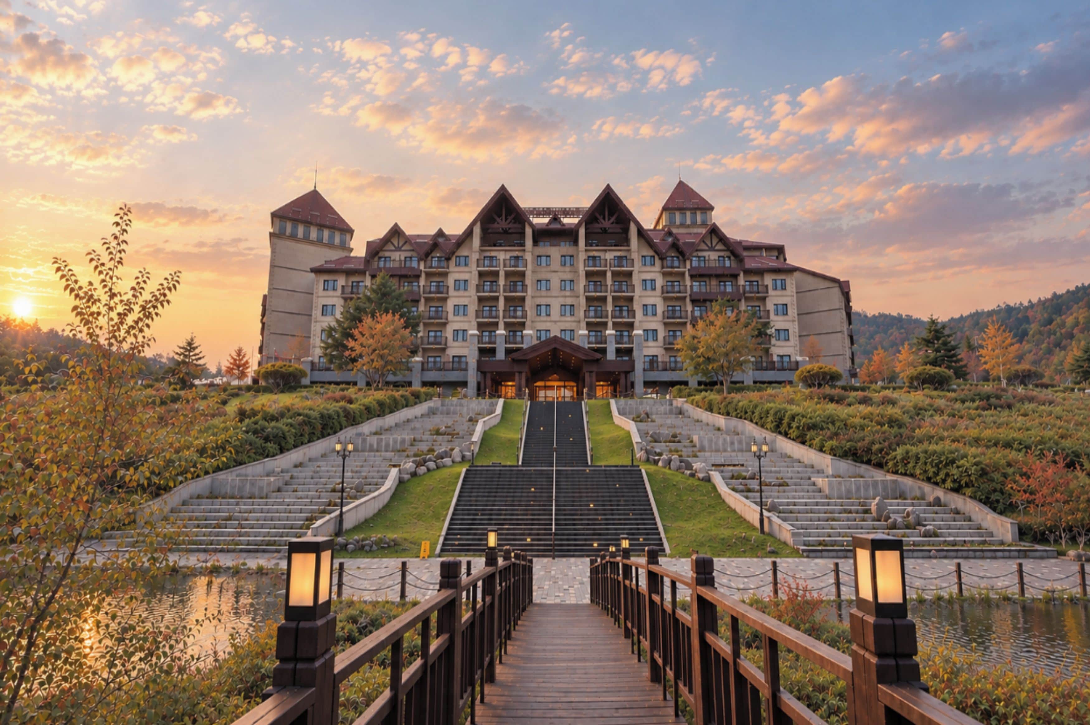 A large hotel with multiple floors, a central entrance, and a surrounding landscaped area with steps leading to the entrance.