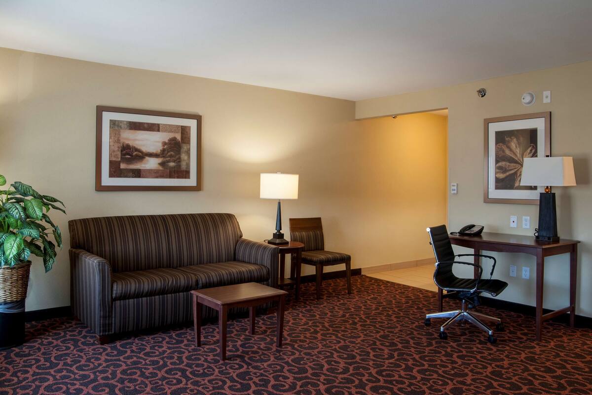 A hotel room with a striped sofa, a small table, a desk with a chair, a lamp, and a potted plant.