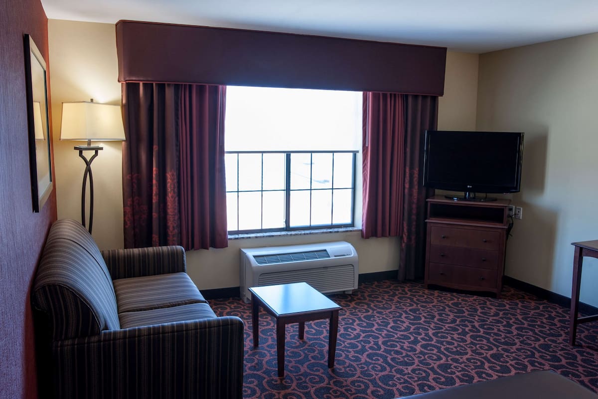 A hotel room with a sofa, a small table, a TV on a stand, a window with curtains, and a patterned carpet.