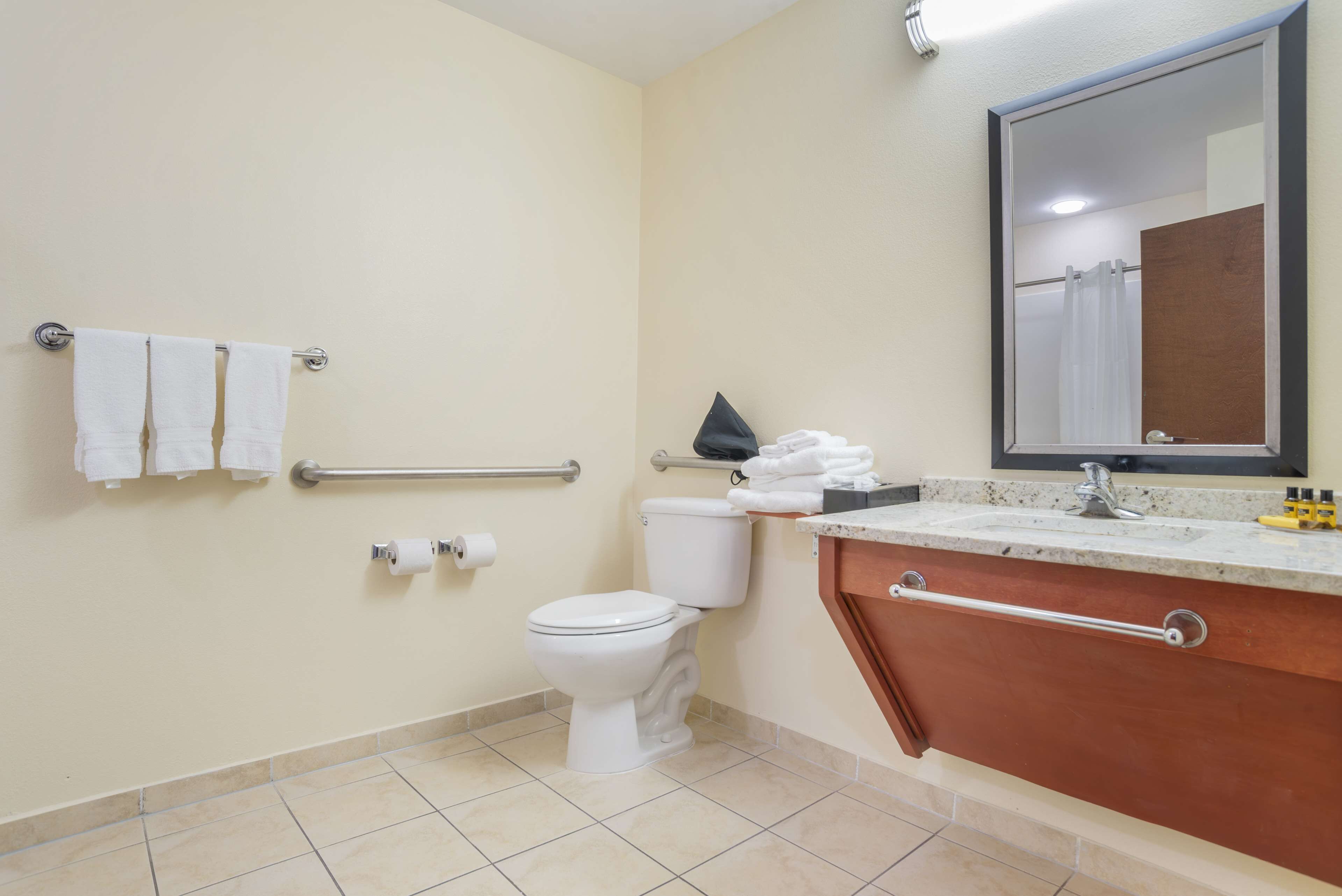 combined shower/bathtub, free toiletries, hair dryer, towels