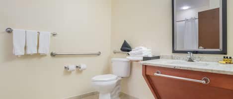 Bany amb vàter, baranes, un lavabo amb mirall i tovalloles penjades en un suport.