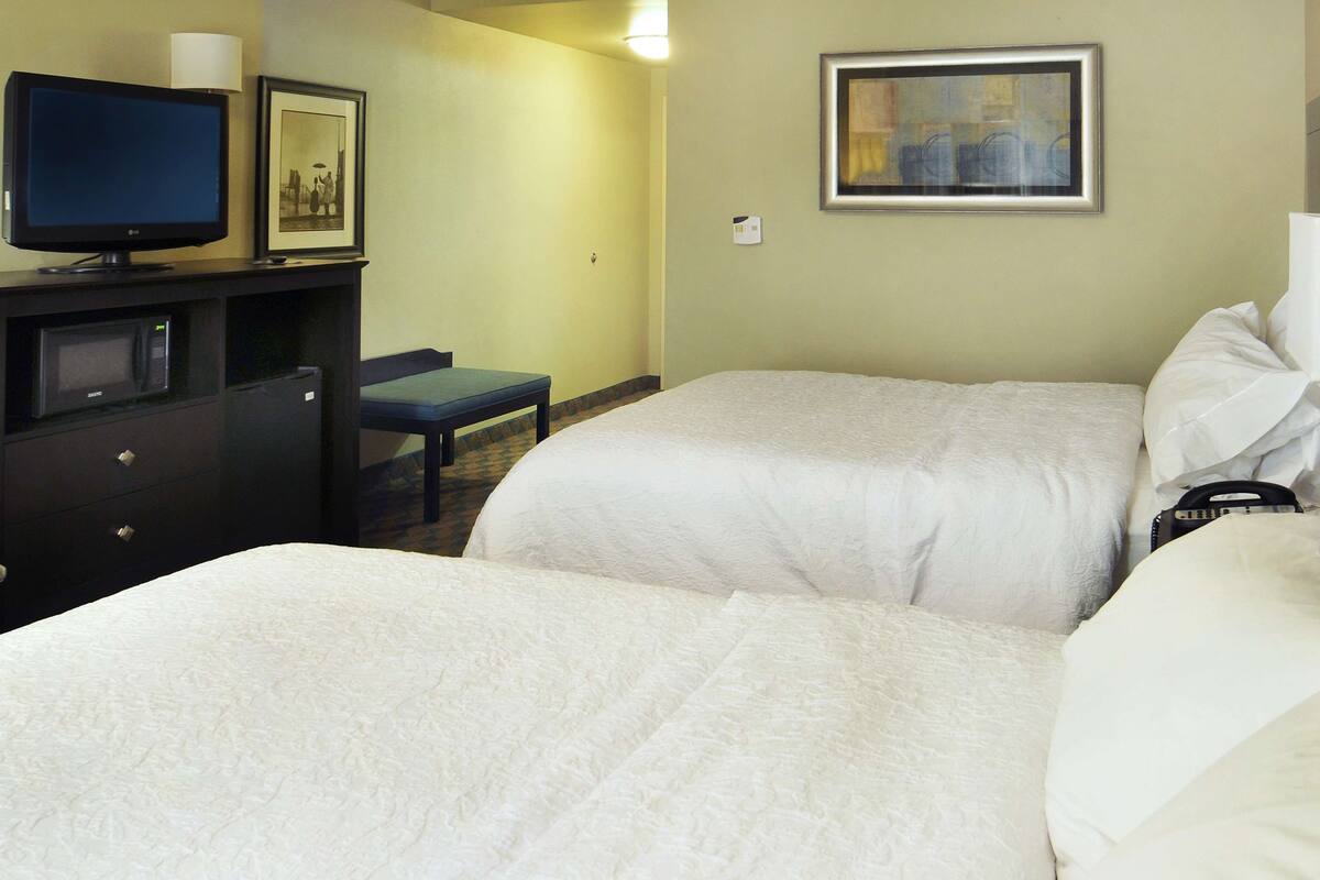 A hotel room with two beds, a desk with a television, a microwave, a chair, and a painting on the wall.