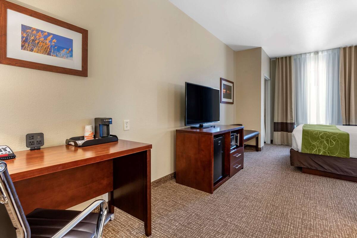 A hotel room with a wooden desk, a television, a bed with a green blanket, and a framed picture on the wall.