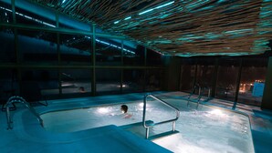 Une piscine intérieure dotée d’une structure en verre, de rampes en métal et d’un plafond en bois.