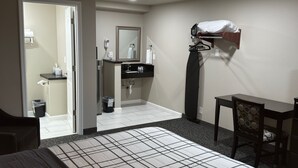 A hotel room with a bed, a desk, a chair, a bathroom with a mirror, and a hanging bed.