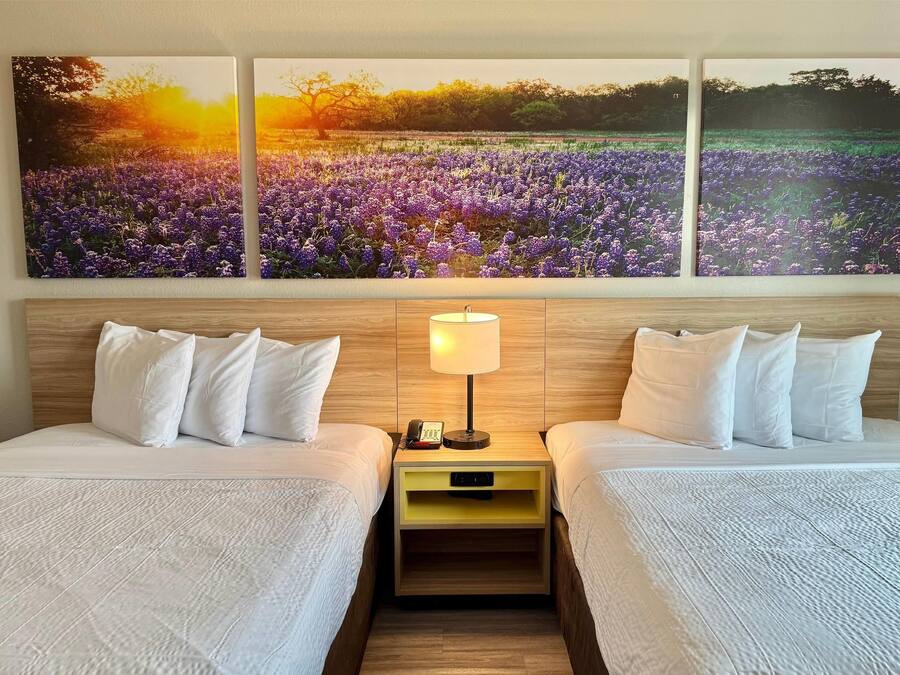 Pillowtop beds, desk, blackout drapes, iron/ironing board