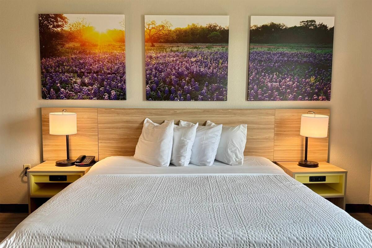 Una habitación de hotel con una cama grande, dos mesitas de noche con lámparas y tres cuadros colgados en la pared que representan campos.