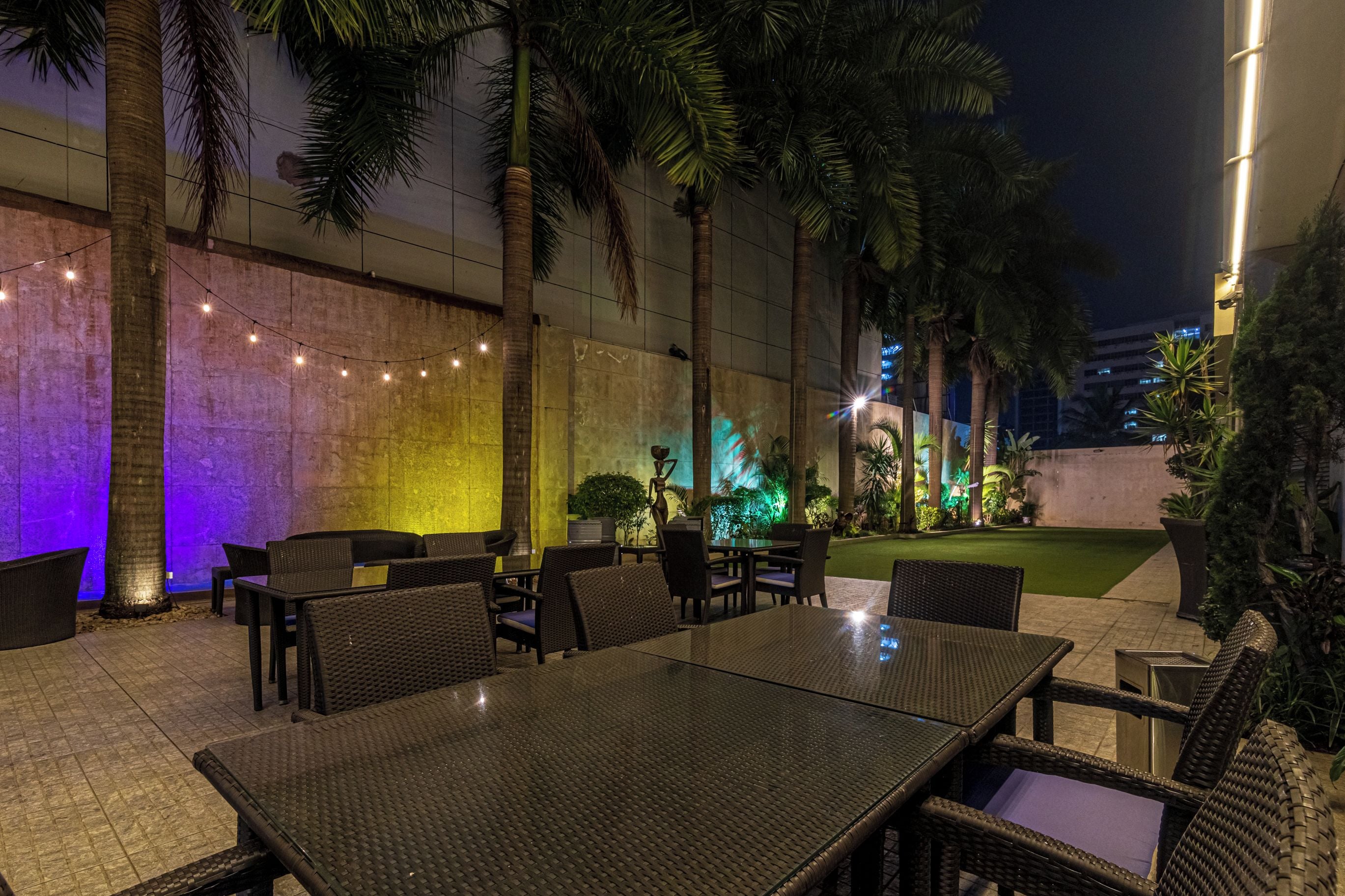 An outdoor seating area with tables and chairs, palm trees, and string lights.