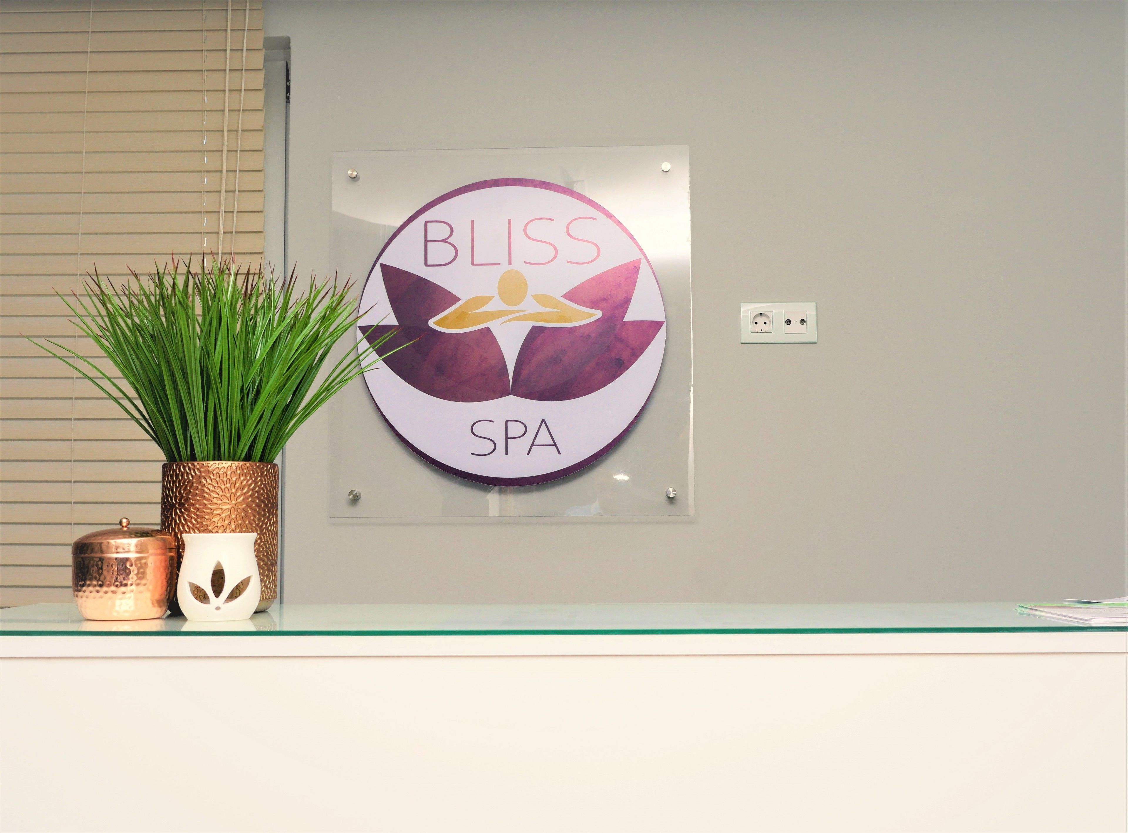 A Bliss Spa sign on a wall, a potted plant, and two copper containers.