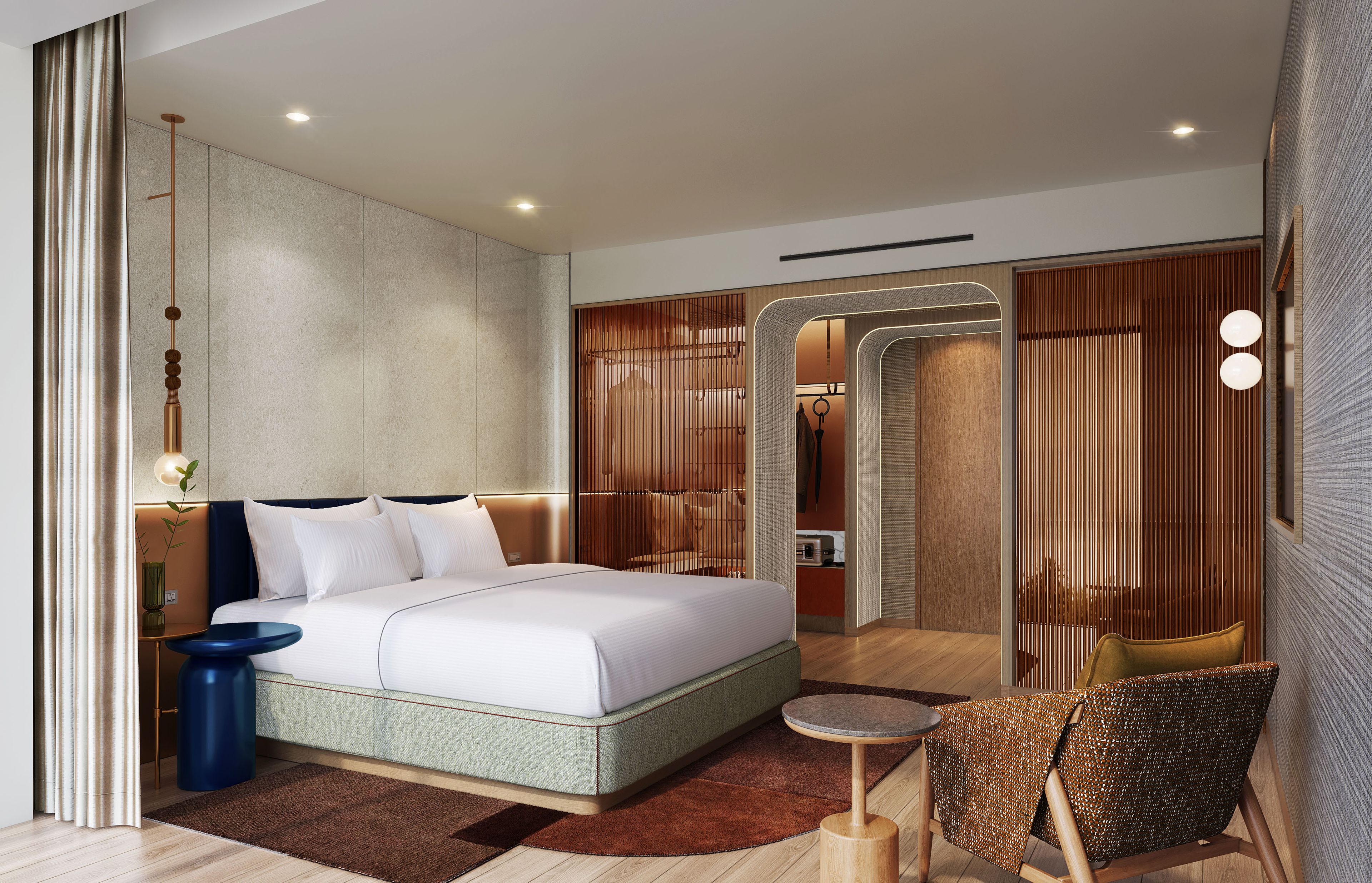 A modern bedroom with a large bed, bedside tables, a mirror, and a wardrobe.