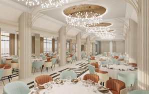 A spacious dining area with multiple tables, elegant chairs, and a modern chandelier. - Pietroasa Hotel, Buzau (Buzau)