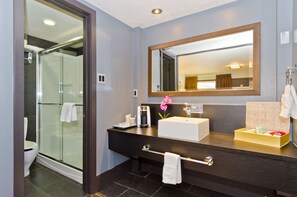 Shower, designer toiletries, hair dryer, bathrobes