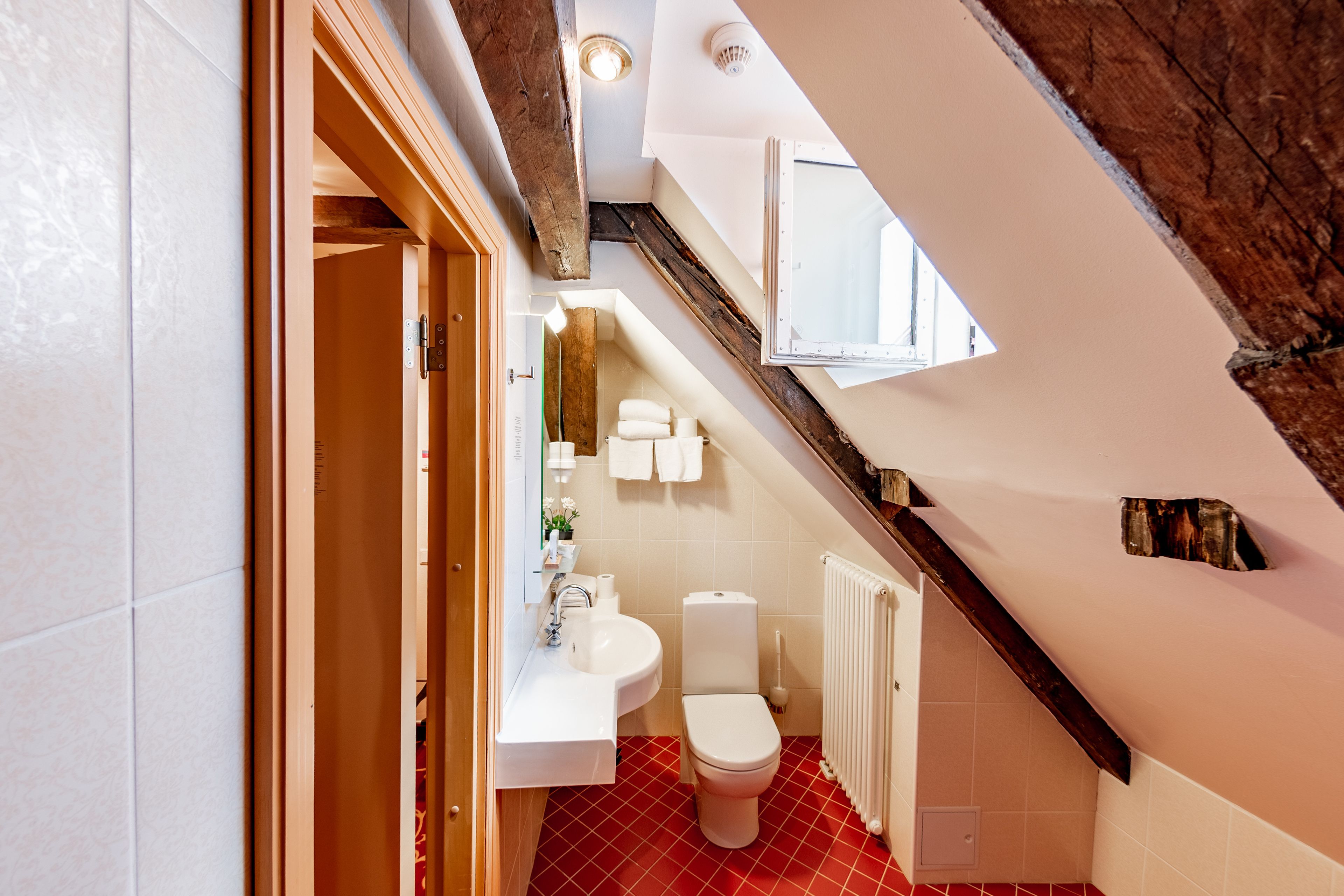A narrow, sloped bathroom with a red-tiled floor, a white sink, and a toilet.