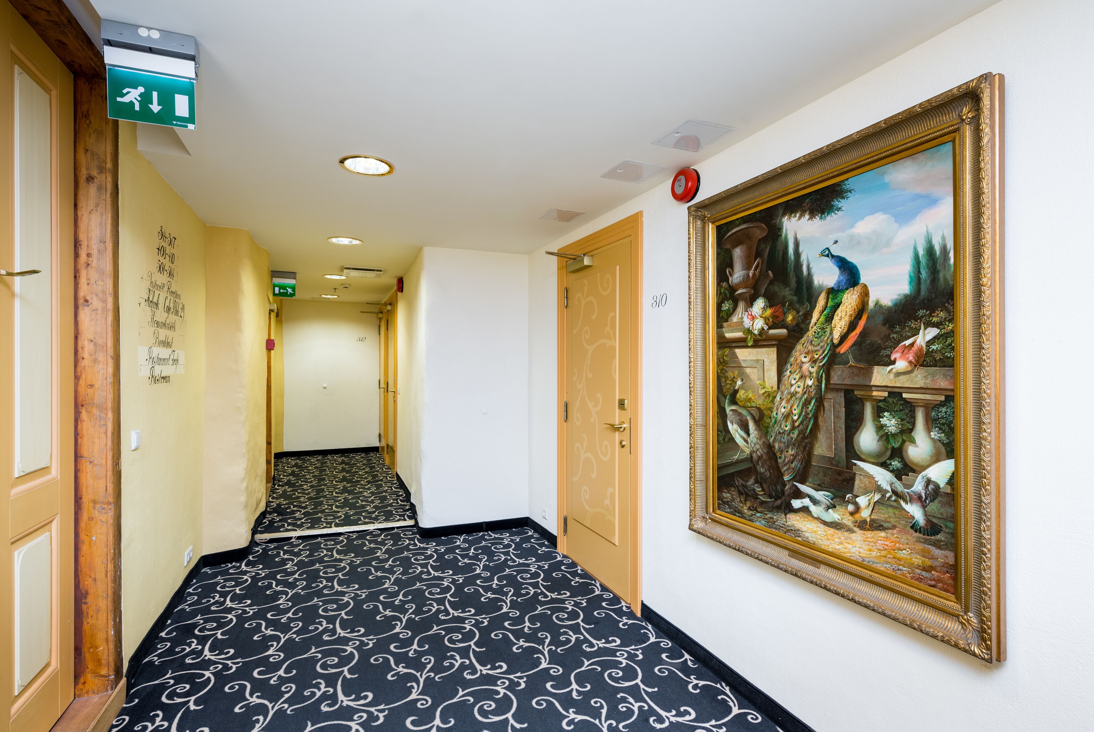 Un couloir avec un tapis à motifs, un tableau encadré représentant des oiseaux et une porte portant un numéro.