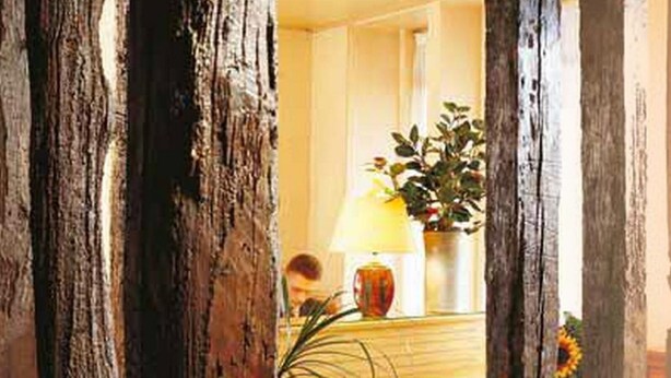 Una habitación con un pilar de madera, una lámpara, una planta y una cocina al fondo.