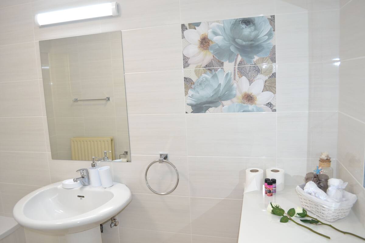 Kylpyhuoneessa on valkoinen pesuallas, peili ja wc-istuin. Siellä on myös kaksi rullaa wc-paperia, käsienkuivaaja ja kori, jossa on hygieniatuotteita.