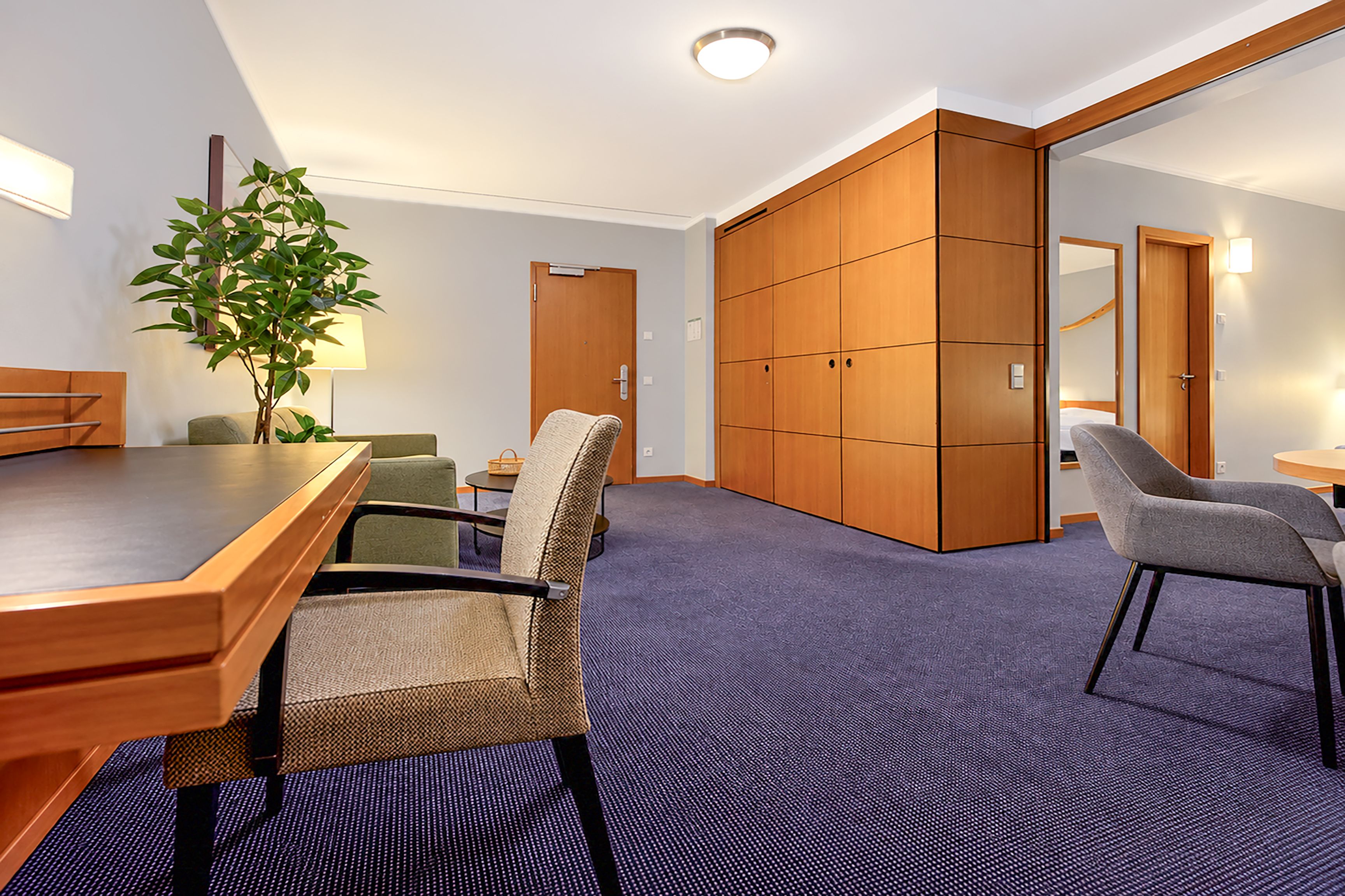 A conference room with a wooden table, chairs, a potted plant, and a large mirror.