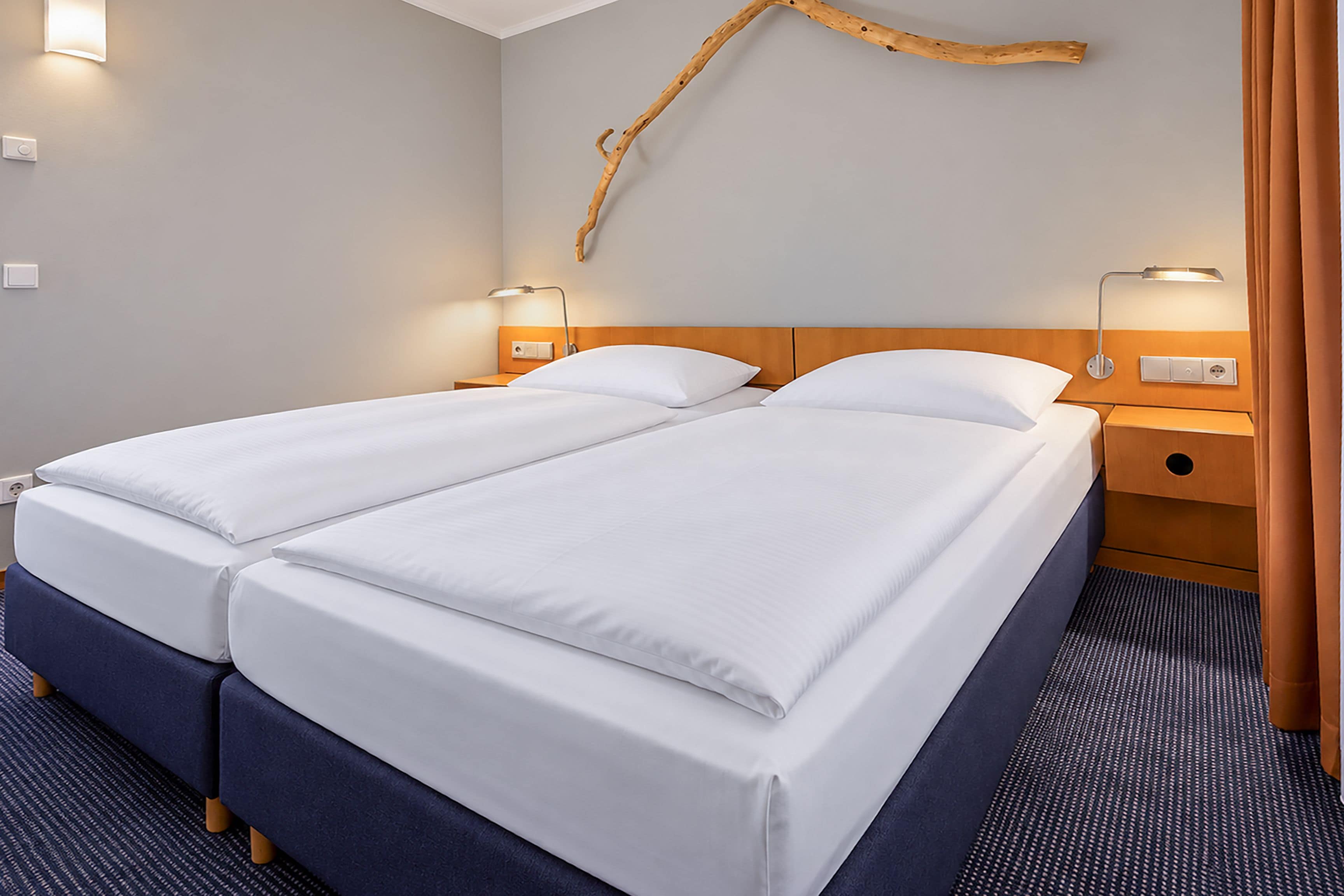 A hotel room with a double bed, two bedside tables, a wall-mounted lamp, and a wooden branch decoration.