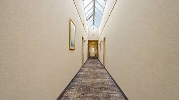 A long, narrow hallway with a patterned carpet, light-colored walls, and a skylight at the end.