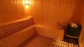 A wooden sauna with benches and a bench seat, a bench seat, and a bench.