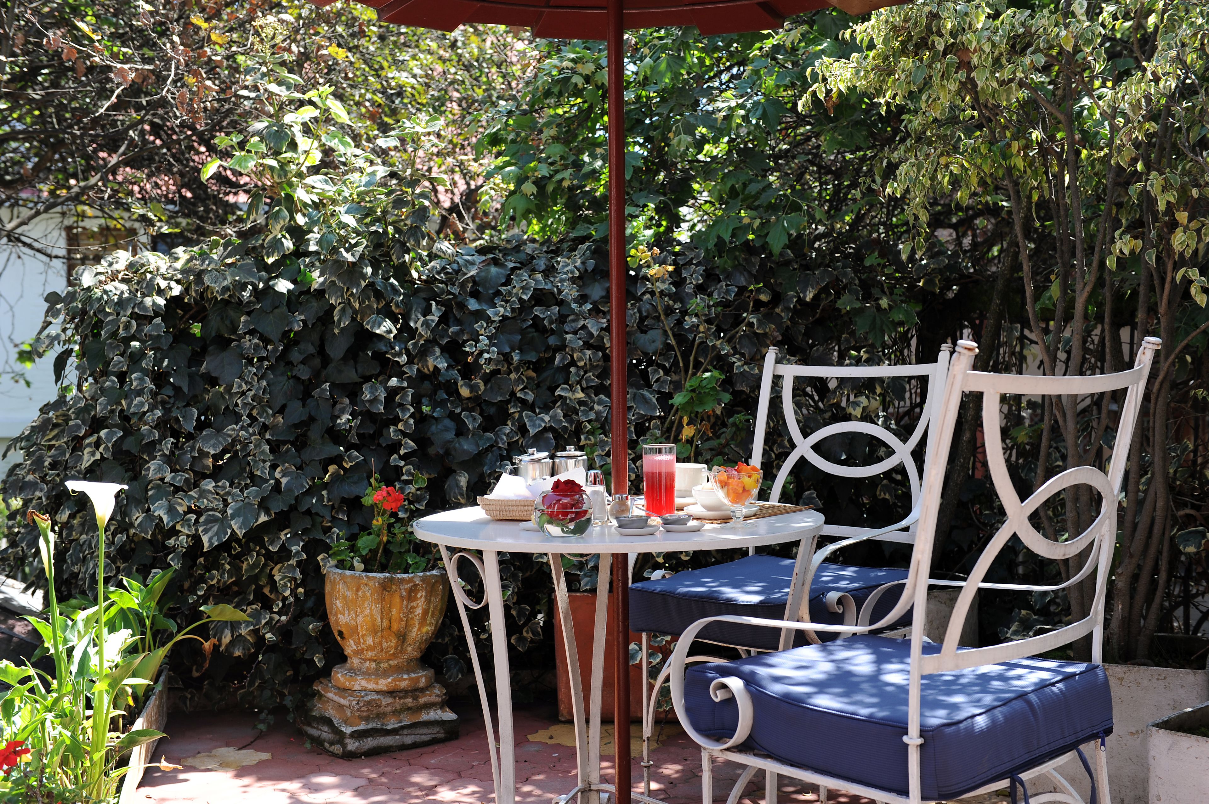 Een terras met een witte metalen tafel en stoel, omringd door weelderige begroeiing en een grote potplant.