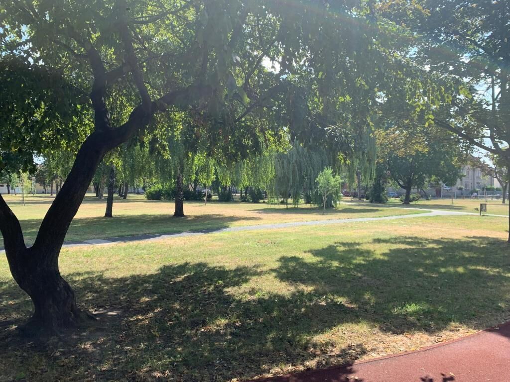 A park with trees, a paved path, and a grassy area.