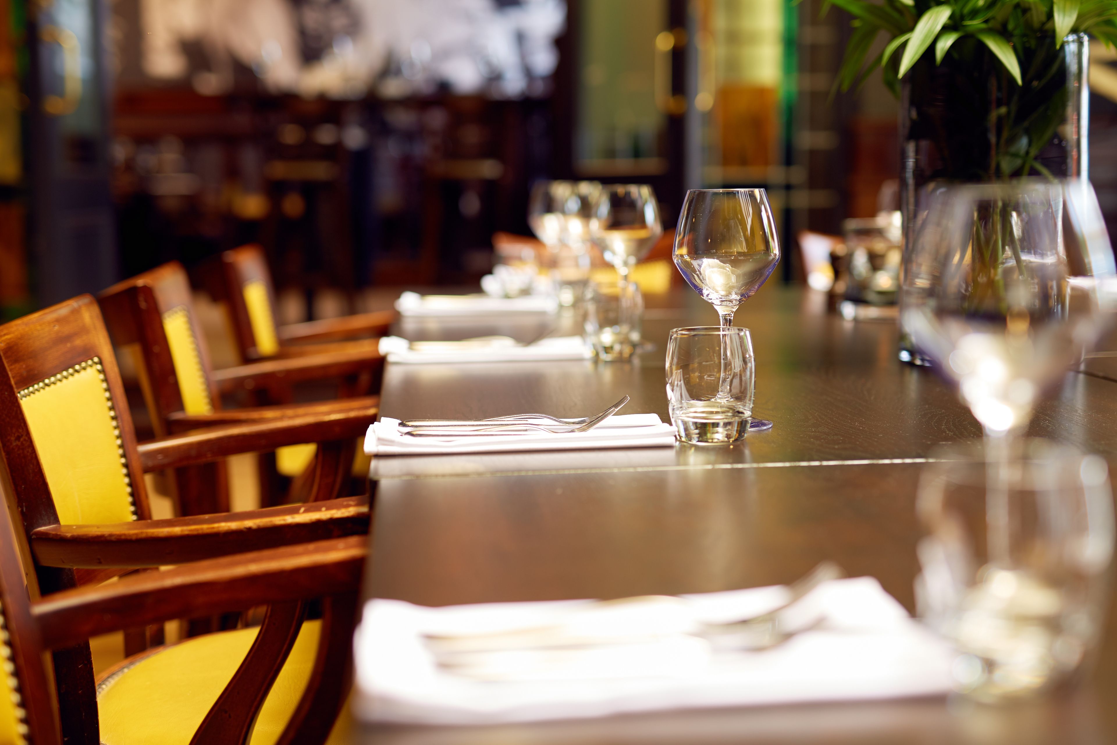 A dining table set with white napkins, cutlery, and wine glasses, with chairs upholstered in yellow.