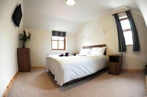 A bedroom with a bed, a nightstand, a TV on the wall, a window, and a plant. - Dalys Inn (Donore)