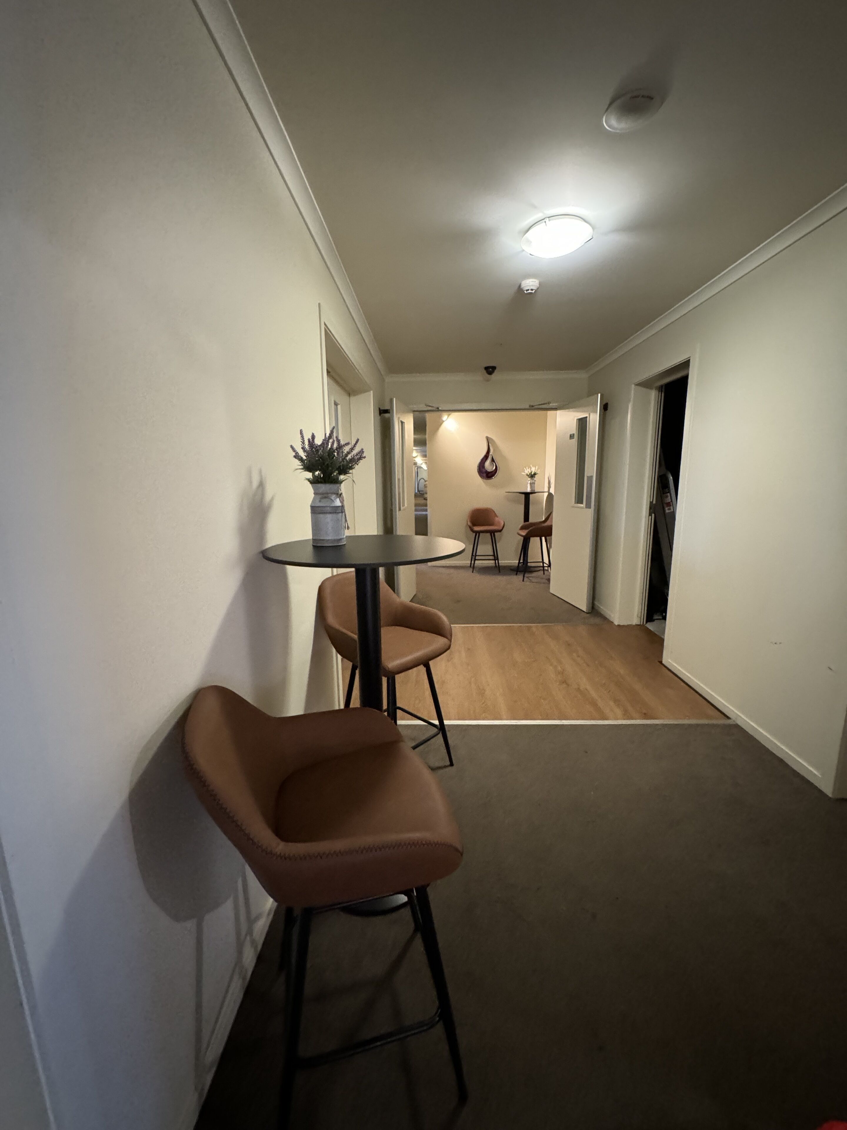 A hallway with two bar stools, a small table with a potted plant, and a ceiling light.