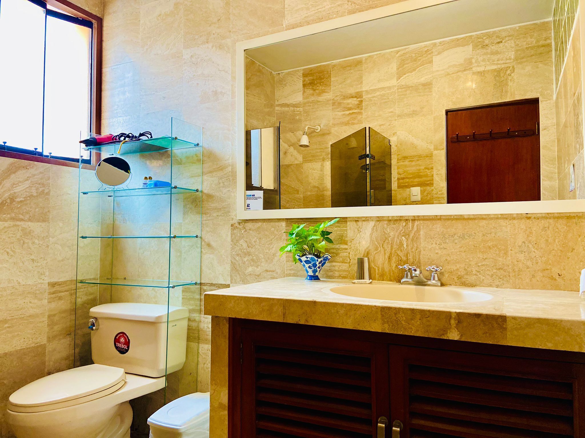 Ein Badezimmer mit Toilette, einer Glasablage für Toilettenartikel, einem Waschbecken mit Spiegel darüber und einer sichtbaren Dusche im Spiegelbild.