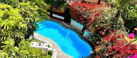 Piscine extérieure, chaises longues