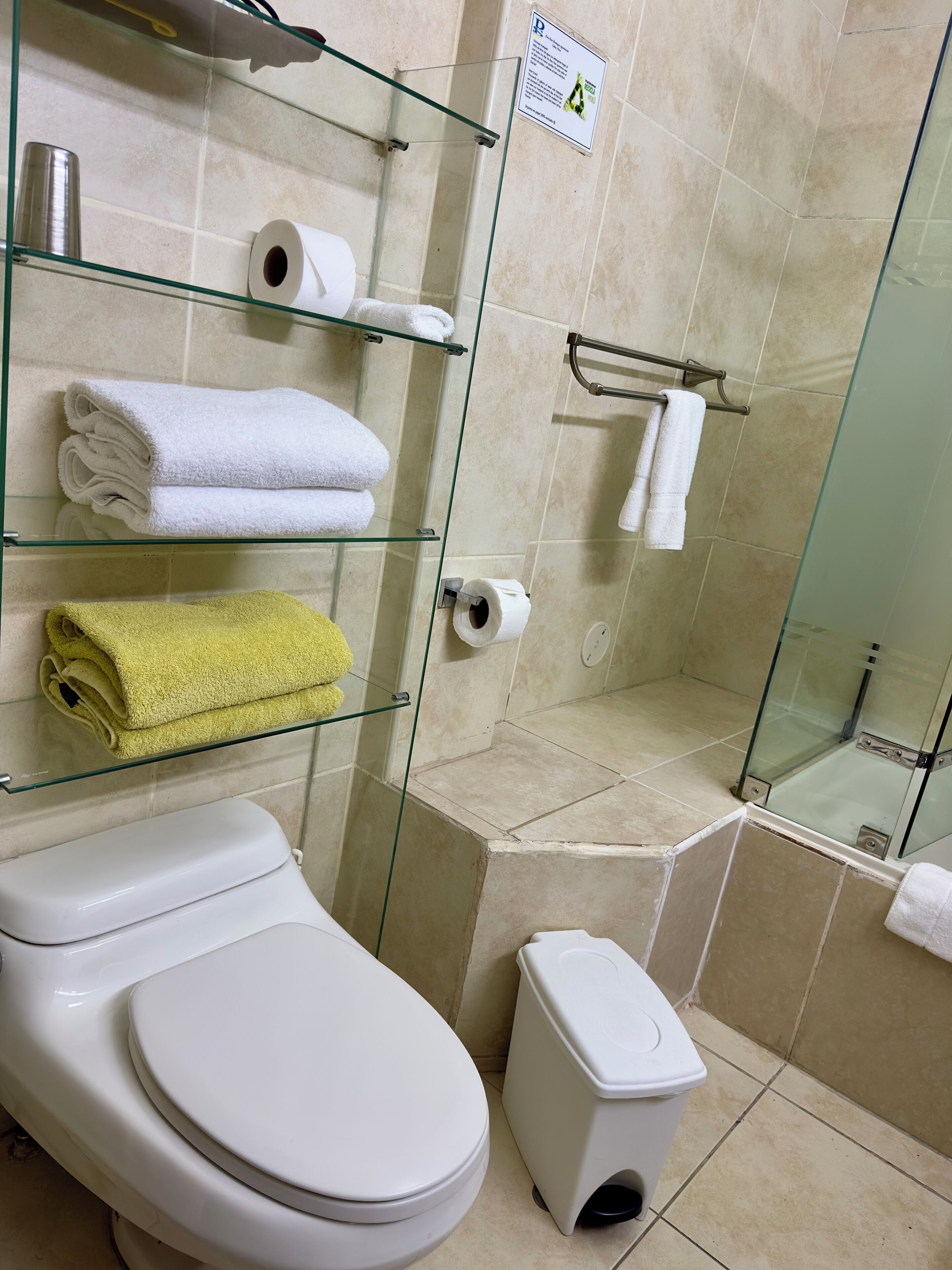 Un baño con inodoro, repisas de vidrio con toallas, cabina de ducha de vidrio y dispensador de papel higiénico.