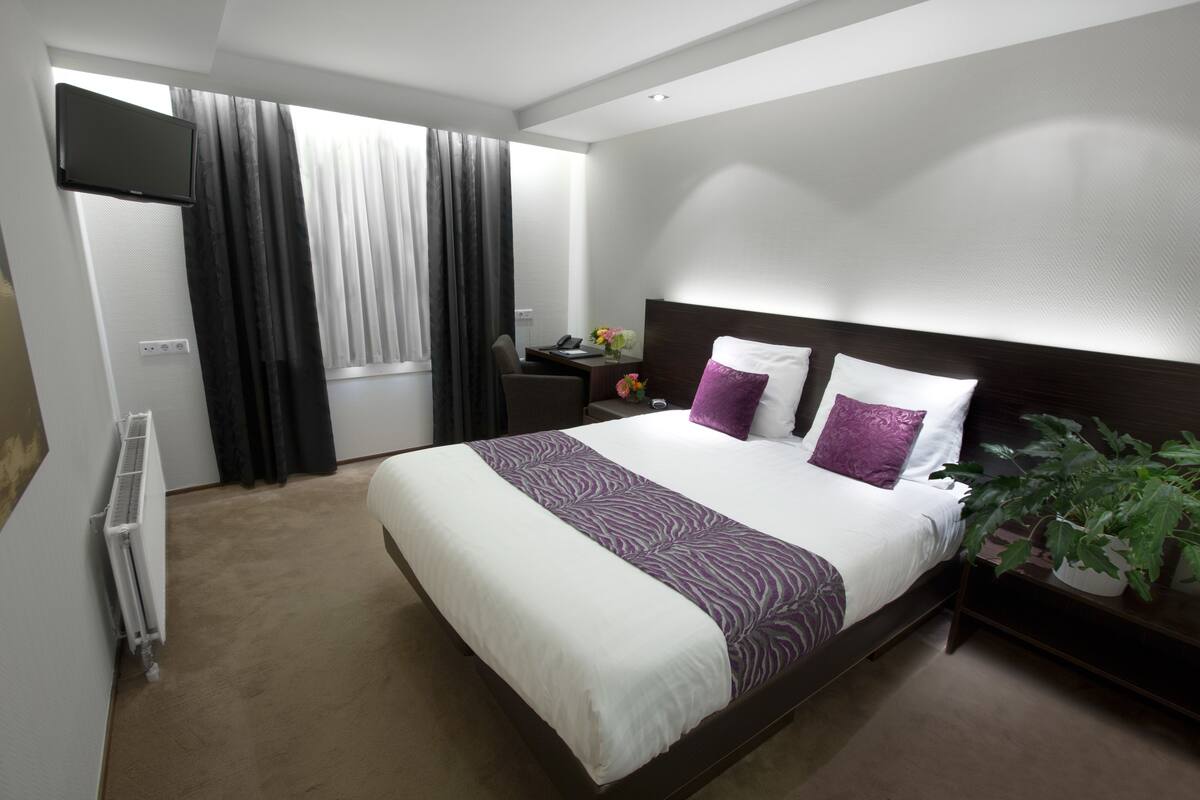 A modern hotel room with a large bed, a desk, a chair, a TV, and a potted plant.