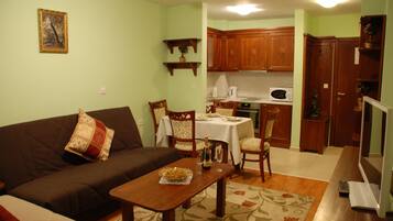 Family Apartment, 1 Bedroom, Mountain View | Living area | 0-inch TV with cable channels, DVD player