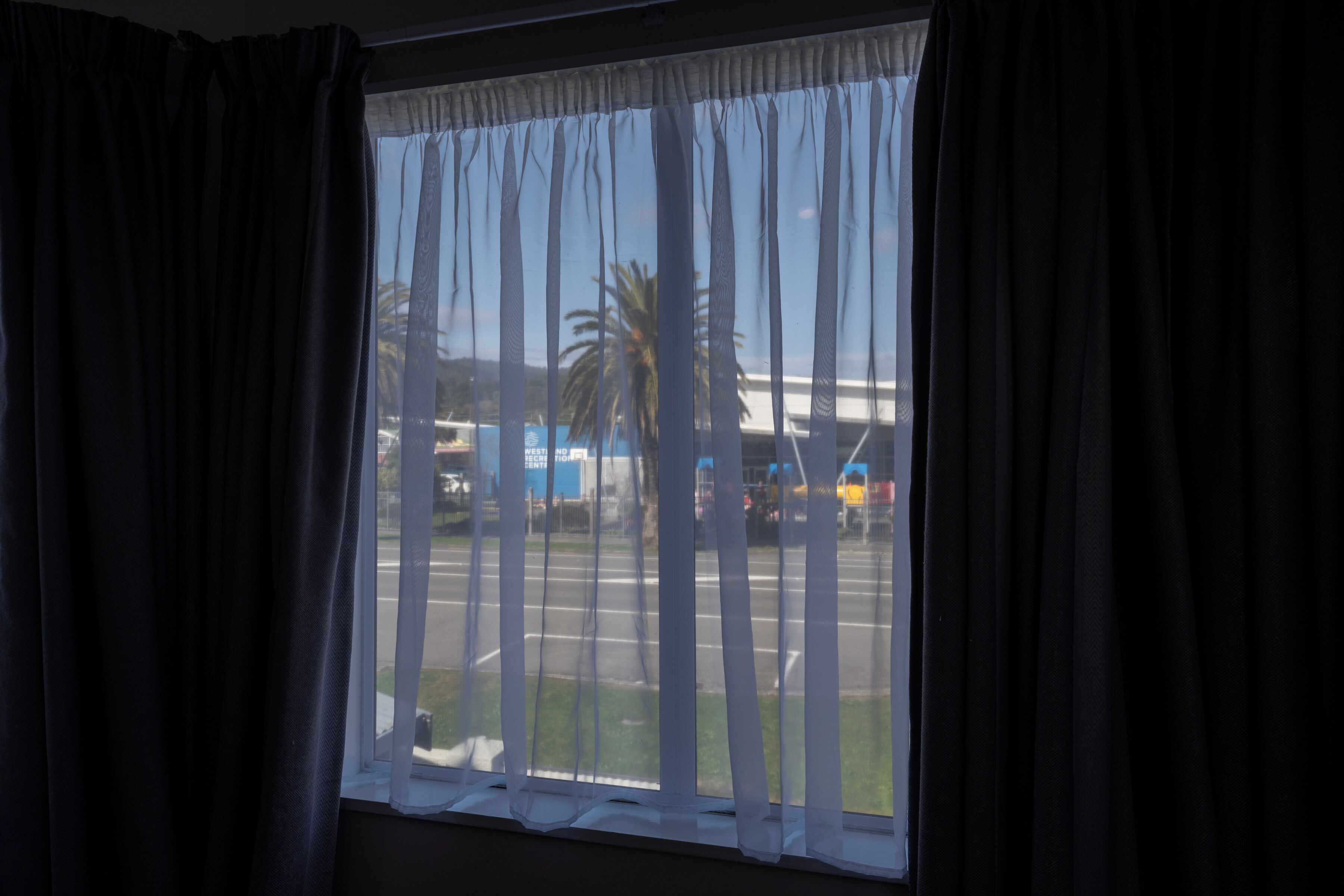 A window with sheer white curtains, a view of a road with palm trees, and a building in the background.