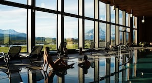 Indoor pool, open 9:00 AM to 10:00 PM, sun loungers