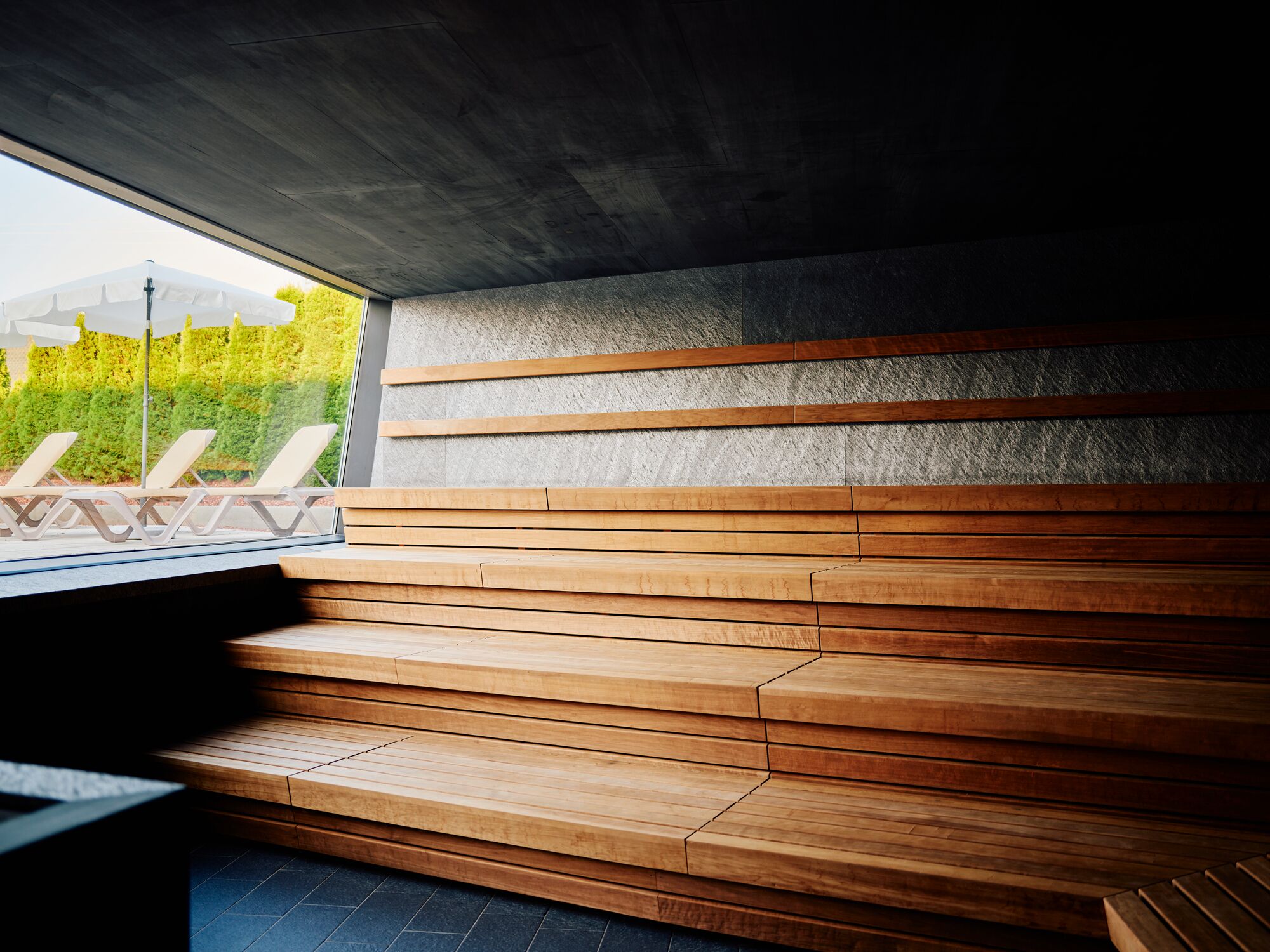 Un interior moderno con escalones de madera que conducen a una zona de estar, techo de hormigón y vistas a la vegetación exterior.