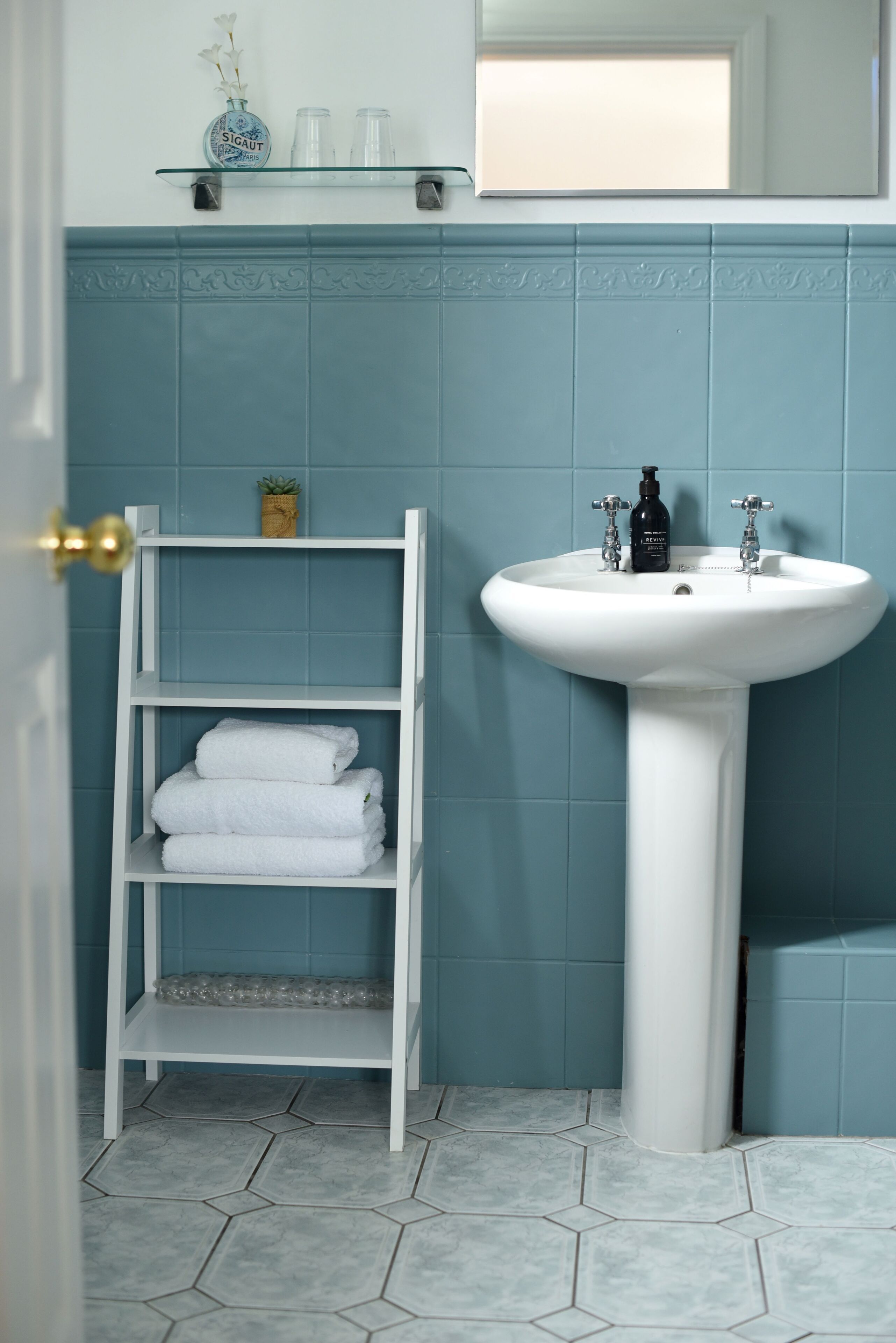 A bathroom with a white pedestal sink, a white shelf with folded towels, and a small potted plant on the wall.