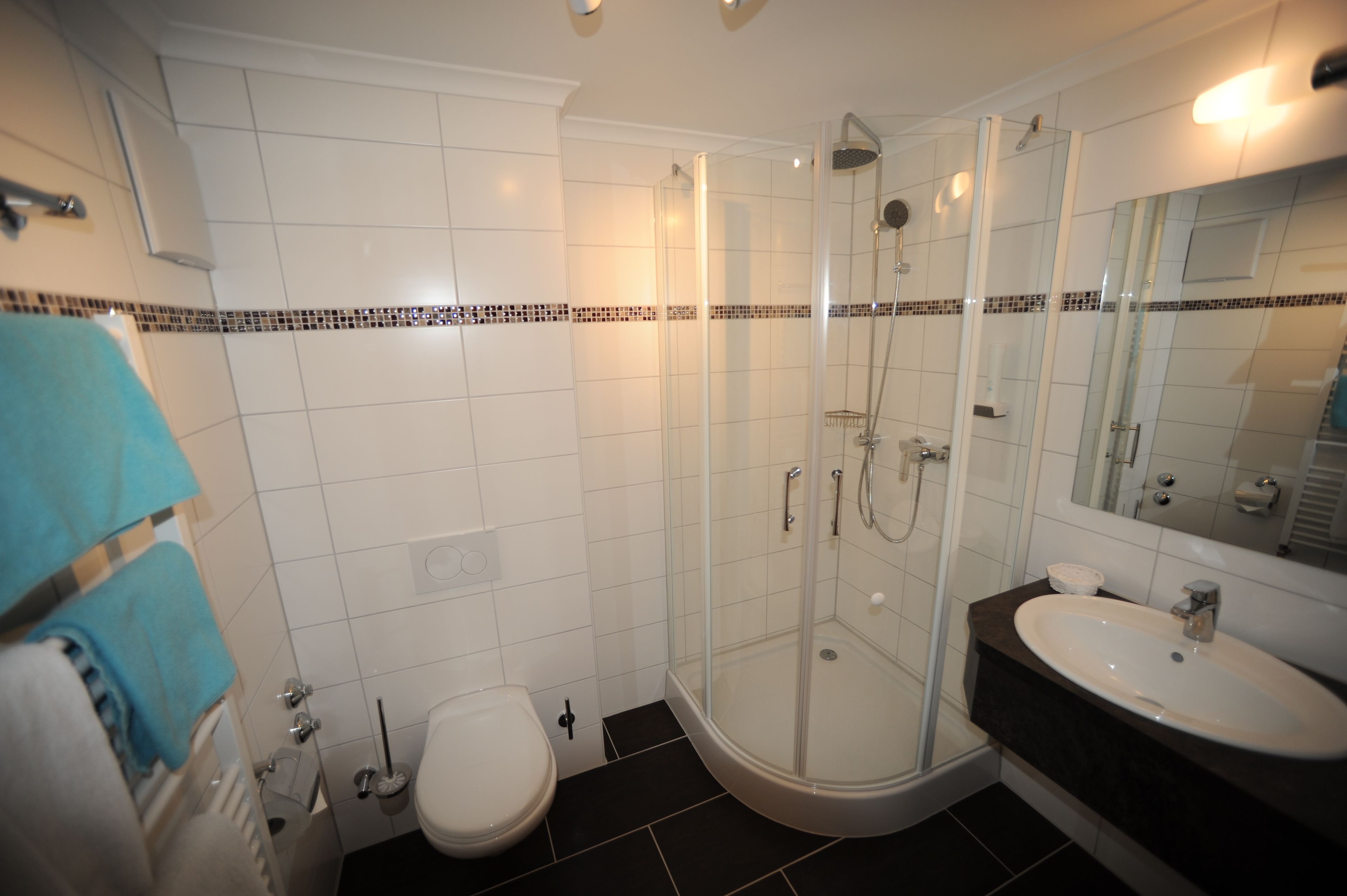 Une salle de bain avec une douche à parois de verre, des toilettes blanches, un lavabo avec un plan de toilette foncé et un miroir au-dessus du lavabo.