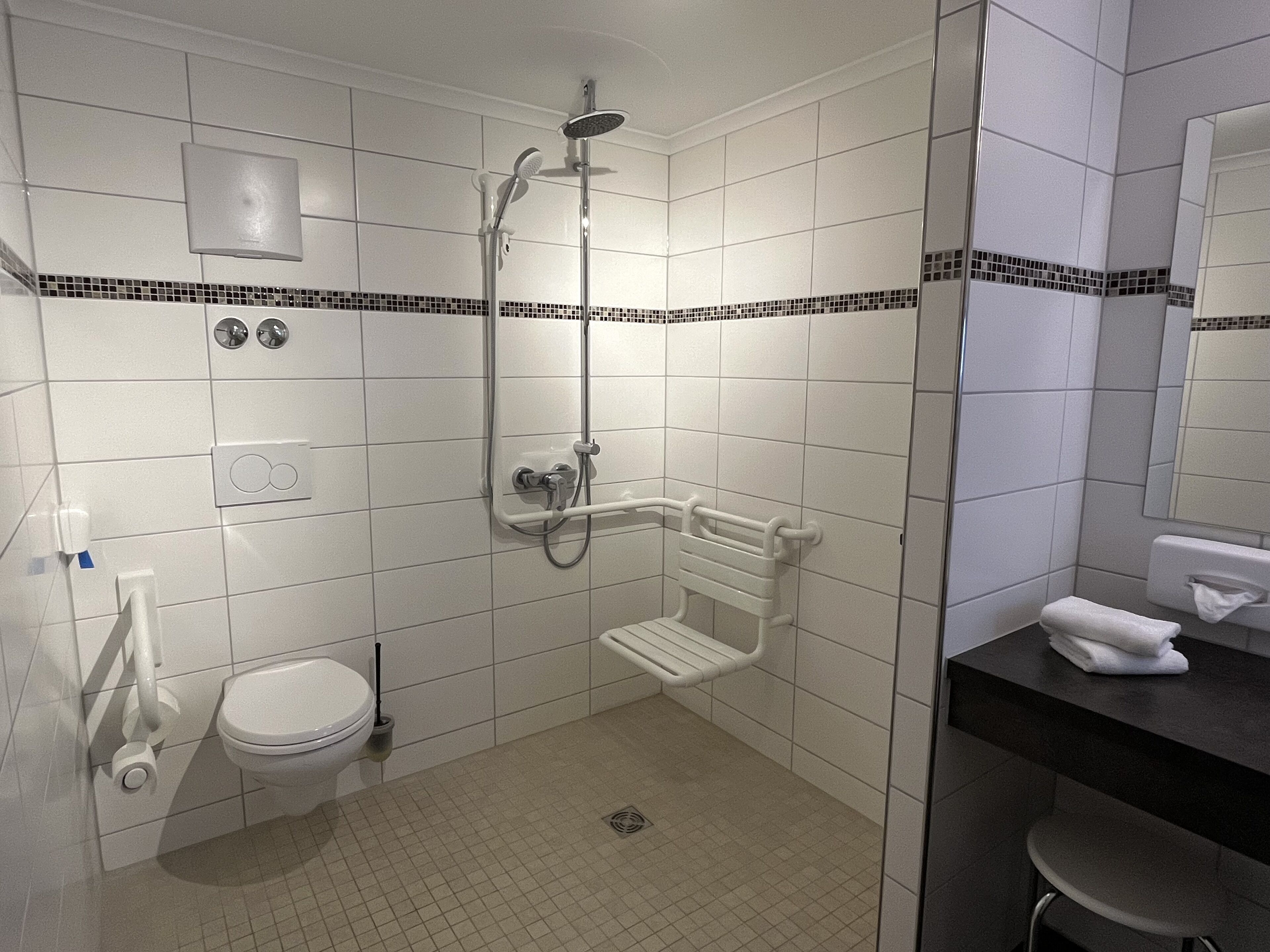 Un baño moderno con ducha, inodoro y lavabo.