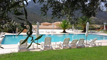 Seasonal outdoor pool, open 4 PM to 8 PM, pool umbrellas, pool loungers