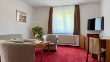 Et hotelværelse med sofa, lænestol, lille bord, en potteplante, radiator, vindue med gardiner og et fjernsyn.