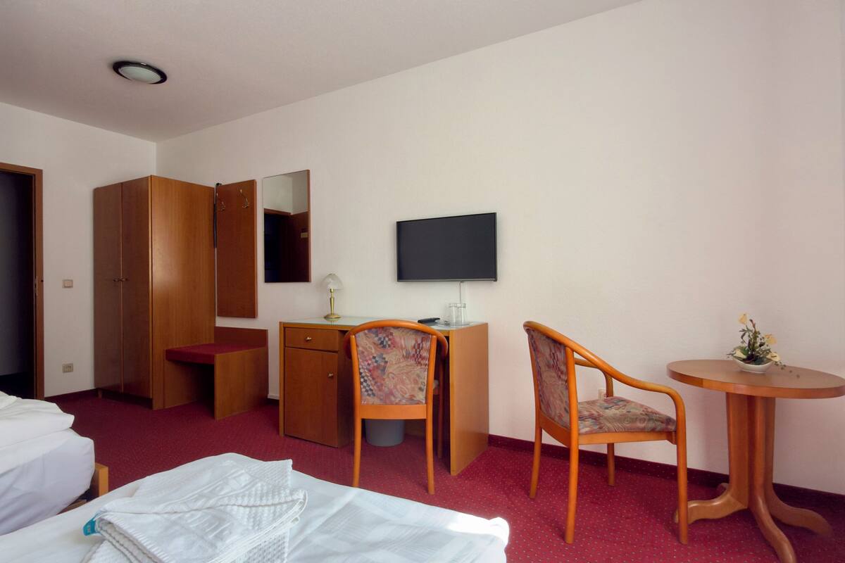 Habitación de hotel con cama, escritorio con silla, televisor y una pequeña mesa con una planta.