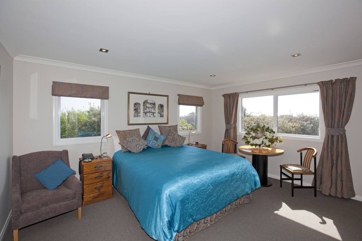 A bedroom with a large bed, a bedside table with a lamp, a chair, and a small table with a plant.
