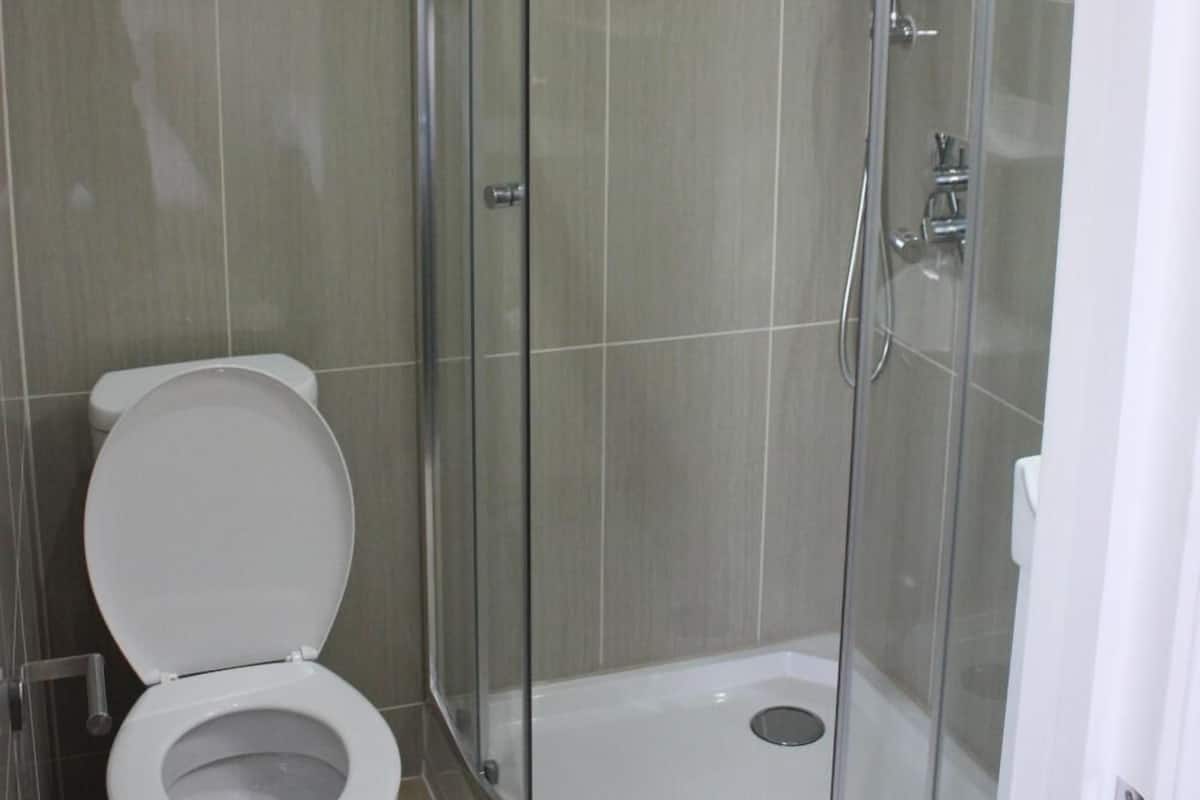 A modern bathroom with a glass-enclosed shower, a white toilet, and tiled walls.