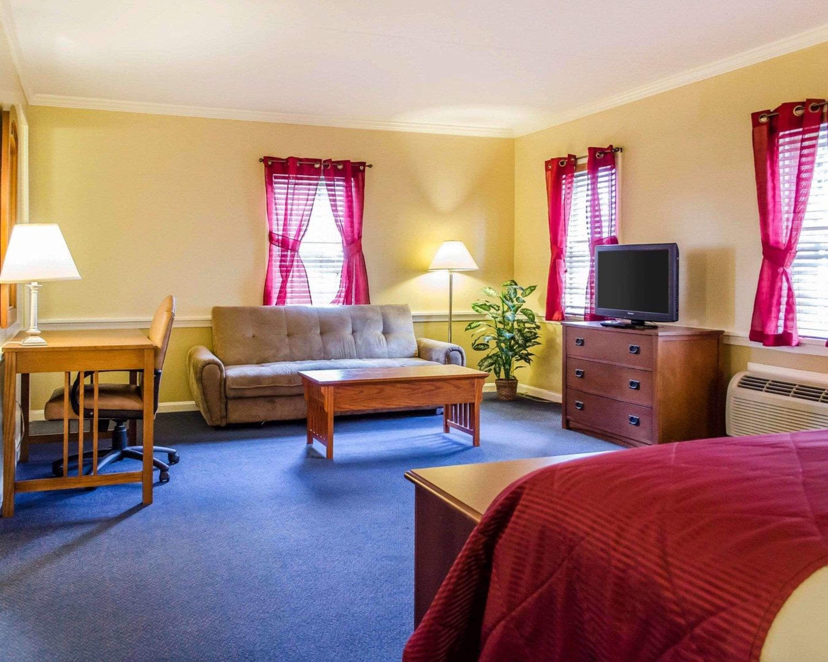 Quarto de hotel com sofá, mesa de madeira, televisão, cômoda e planta.