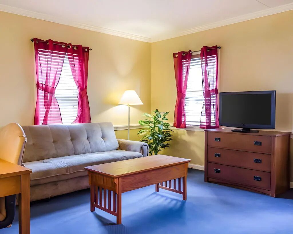 Un salon avec un canapé, une table en bois, un téléviseur, une lampe et une plante.